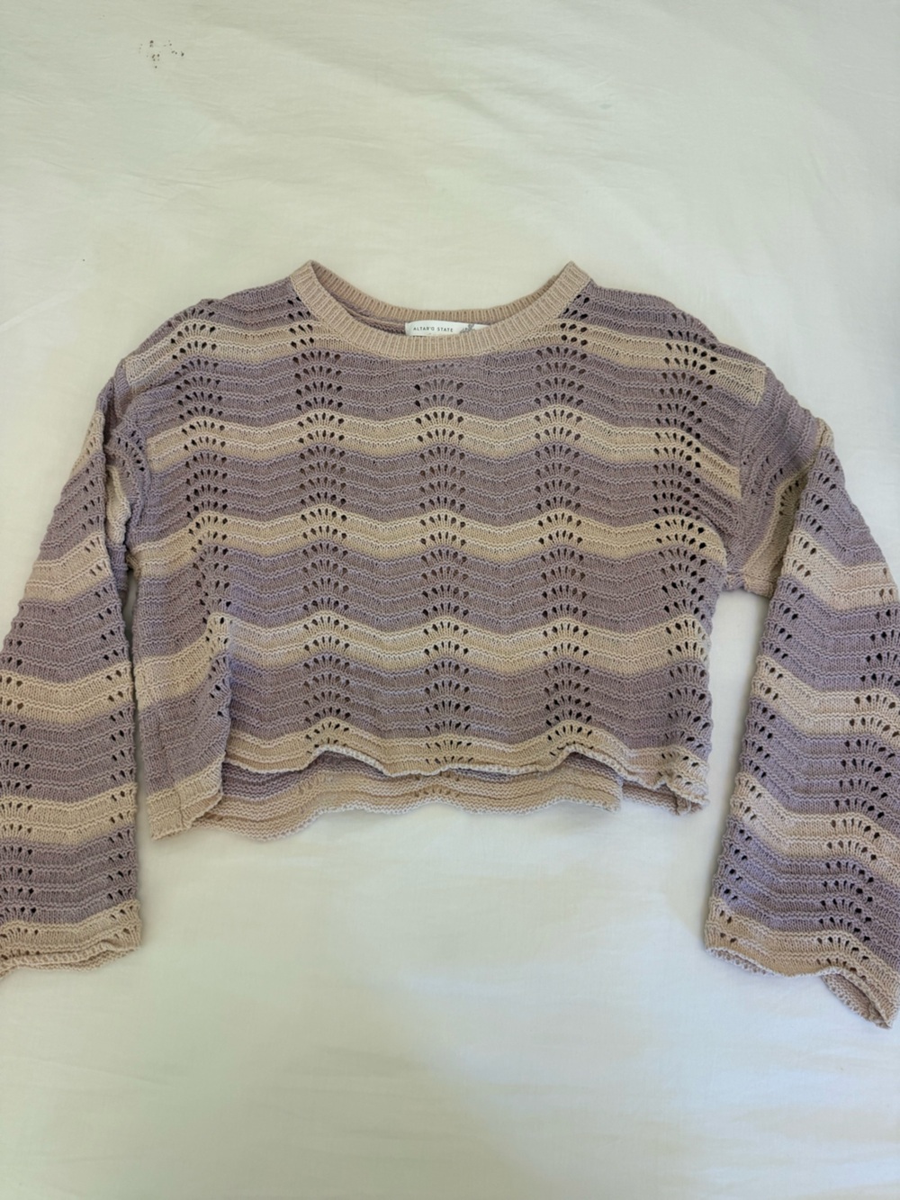 Altar'd State Lavender and Beige Striped Crochet Crewneck Sweater